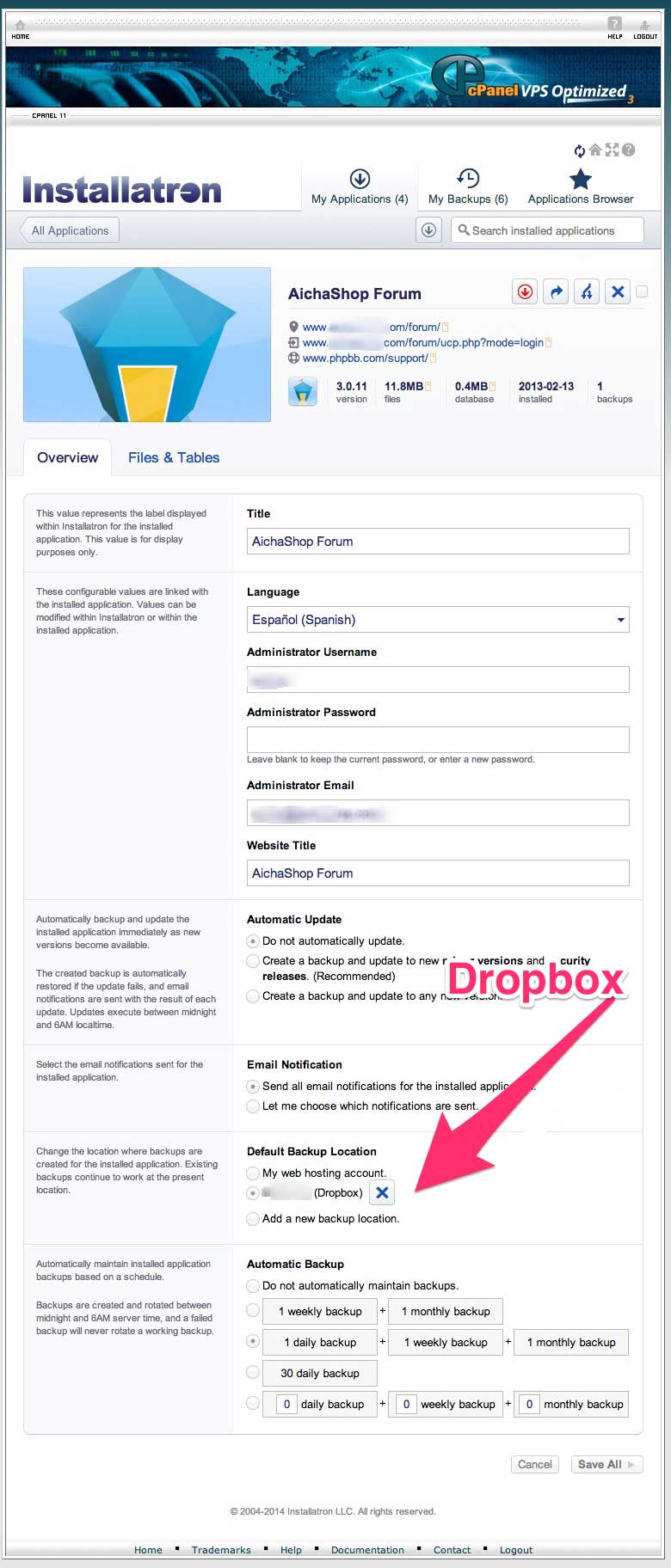 Dropbox en Cpanel con Installatron