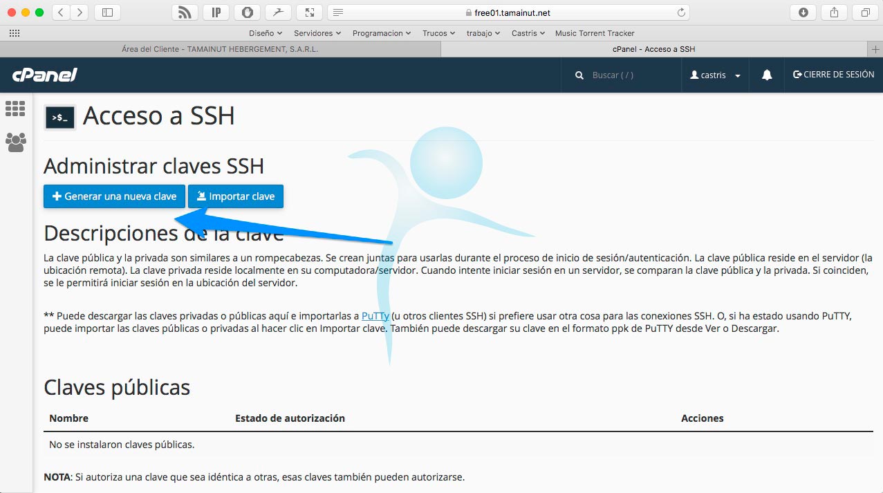 Cpanel — Acceso a SSH — Administrar llaves SSH